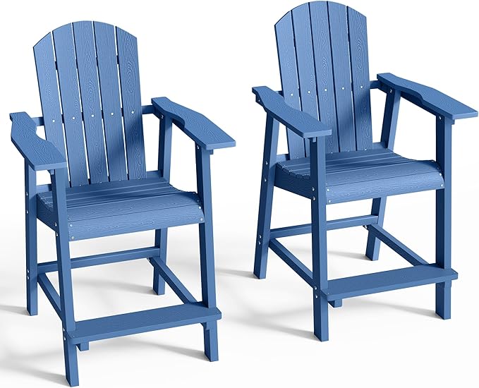 DWVO 25" Tall Adirondack Chair, Poly Bar Height Balcony Chairs with Armrest & Footrest, Outdoor Bar Stool Lifeguard Chair for Deck Pool Patio and Porch, Navy Blue