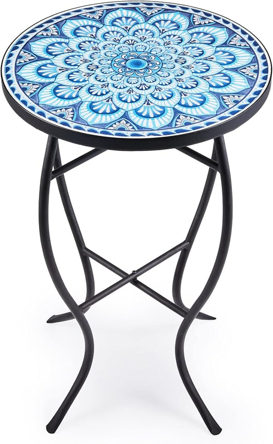VONLUCE Mosaic Side Table and Plant Stand, 21" Round End Table with 14" Ceramic Tile Top, Indoor & Outdoor Accent Table, Porch Patio Furniture, Entryway & Coffee Table for Home & Garden, Blue Mandala