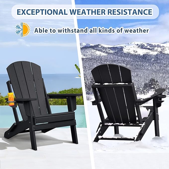 Skypatio Folding Adirondack Chair with Cup Holder, Weather Resistant Portable Patio Fire Pit Chairs, 380 lb Weight Capacity Adirondack Chairs for Porch, Beach, Poolside, Deck, Lawn (Black, Set of 1)