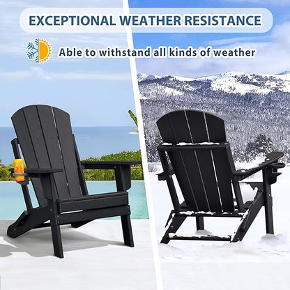Skypatio Folding Adirondack Chair with Cup Holder, Weather Resistant Portable Patio Fire Pit Chairs, 380 lb Weight Capacity Adirondack Chairs for Porch, Beach, Poolside, Deck, Lawn (Black, Set of 1)