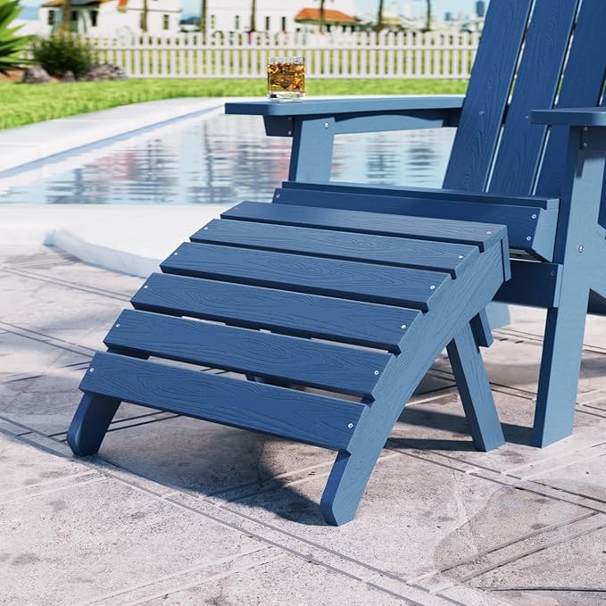 MXIMU Folding Adirondack Ottoman Set of 2: HIPS Plastic Outdoor Footrest Easy Assembly - All Weather Foot Rest Foot Stool for Adirondack Chair Use in Patio Garden Backyard Pool (Navy)