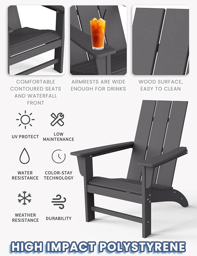 Modern Adirondack Chairs Set of 6, HDPE Plastic Patio Chairs for All Weather, Fire Pit Chair, Outdoor Lawn Chairs for Deck, Porch, Backyard, Garden, Slate Gray