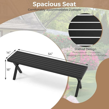Tangkula 54" Metal Outdoor Backless Bench, Heavy-Duty 2-Person Patio Dining Bench with Slatted Seat & X Legs, Outside Bench for Yard, Garden, Porch, 800 LBS Max Load