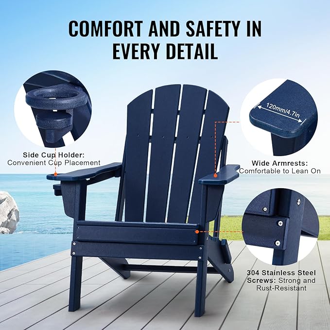 VEVOR Folding Adirondack Chairs Set of 2 with Cup Holder, All-Weather Portable Plastic Fire Pit Chair, Outdoor Adirondack Patio Chair, with Relaxing Arm Rest Ergonomic, for Garden, Backyard, Navy Blue