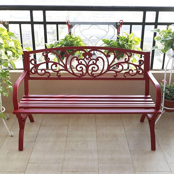 Outdoor Bench Weatherproof Metal Garden Bench with Slatted Patio Bench with Floral Pattern Backrest, Arch Legs for Porch, Patio, Garden, Lawn, Balcony(Red)