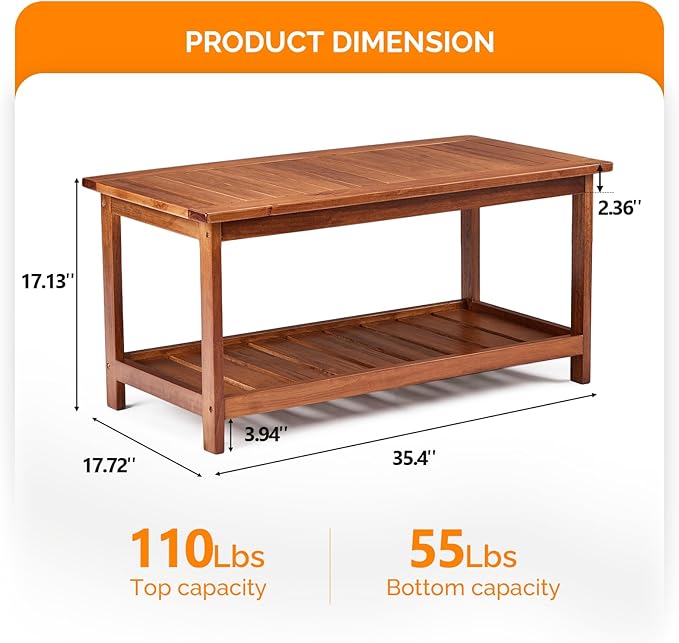 VINGLI Outdoor Wooden Coffee Table, 2-Tier Storage Rectangle Patio Coffee Table for Outside, Solid Wood Low Outdoor Table for Balcony Porch and Deck