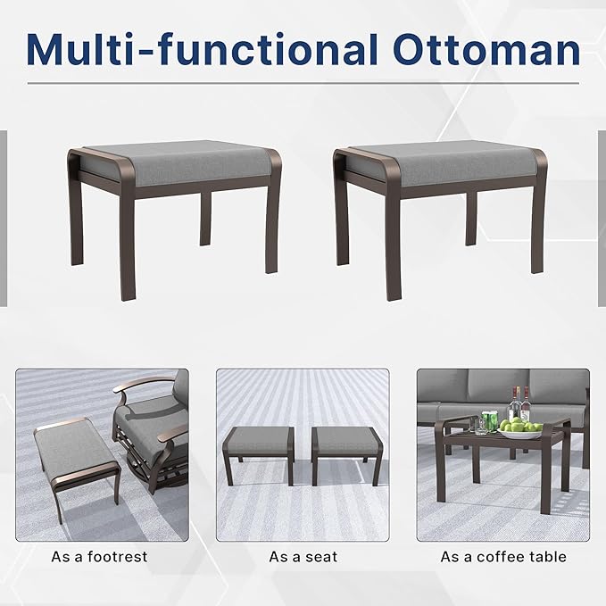 Gotland 4 Piece Patio Set, Metal Outdoor Swivel Chairs Set of 2 with 2 Ottoman 5.1’’ High-Resilience Seat Cushions Removable Cushions, Aluminum Patio Furniture Set for Lawn, Porch, Balcony, Grey