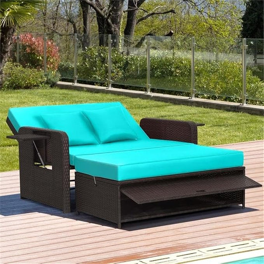 Pemberly Row Contemporary Outdoor Patio Rattan Daybed Lounge, Turquoise Cushions, PE Rattan and Metal Frame, Adjustable Backrest, Retractable Side Trays, Cozy Garden or Patio Double Chaise Lounge