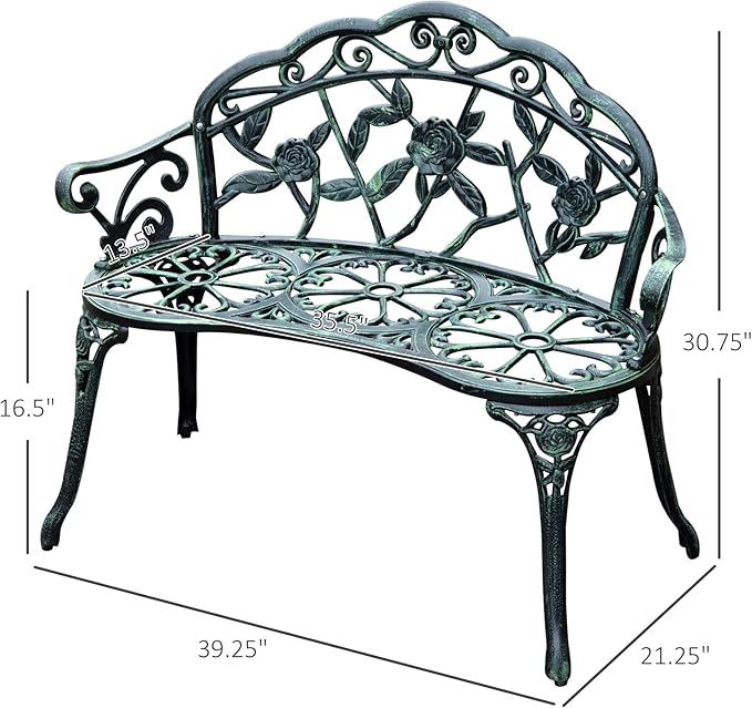 Antique-Style Metal Garden Bench with Back and Armrests