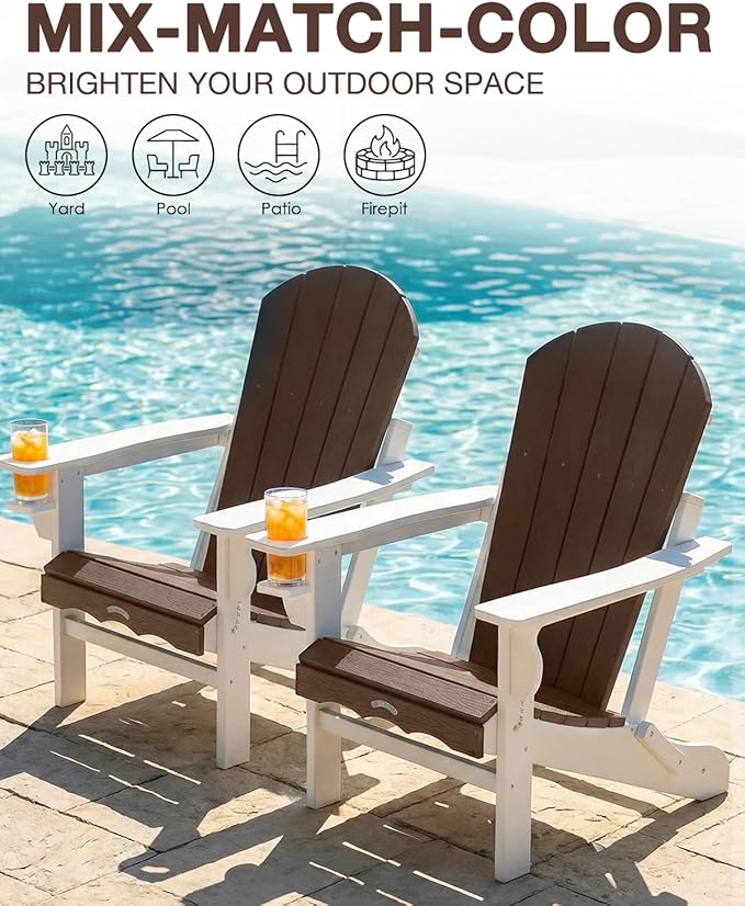 Folding Adirondack Chair –Recyclable HDPE Outdoor Adirondack Patio Chair with Cup Holder, Wood Texture & Umbrella Hole - Photo 4