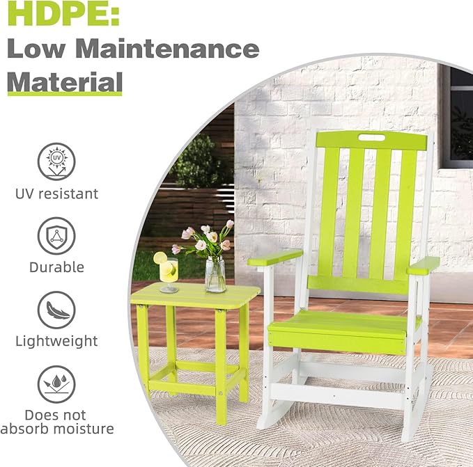 Aoodor Outdoor Rocking Chair, Ergonomic HDPE Rockers with All-Weather Design for Patio or Porch, Clashing Colors, Lemon Green and White