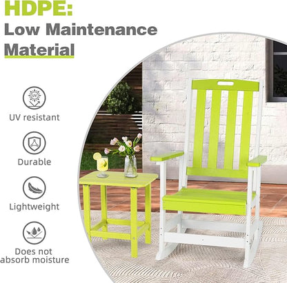 Aoodor Outdoor Rocking Chair, Ergonomic HDPE Rockers with All-Weather Design for Patio or Porch, Clashing Colors, Lemon Green and White,Set of 4