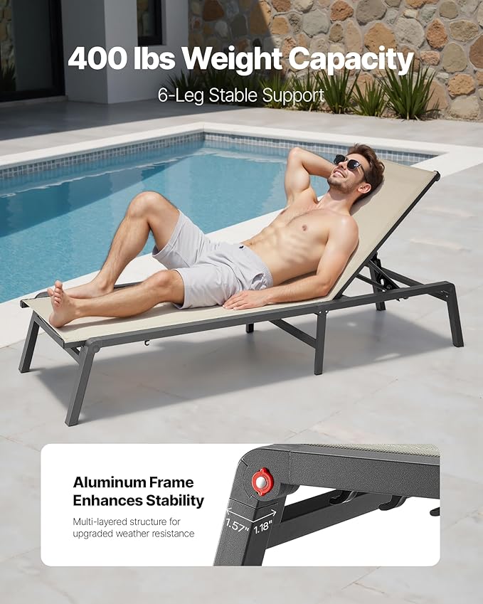 VEVOR Outdoor Chaise Lounge Chair, 400 lbs Weight Capacity, Foldable Sun Tanning Chair, 5 Adjustable Positions, Easy Assembly, Heavy Duty Aluminum Pool Recliner Lounge Chairs, for Beach Yard Patio