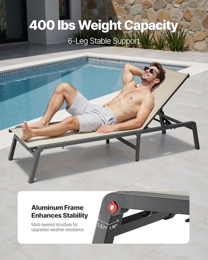 VEVOR Outdoor Chaise Lounge Chair, 400 lbs Weight Capacity, Foldable Sun Tanning Chair, 5 Adjustable Positions, Easy Assembly, Heavy Duty Aluminum Pool Recliner Lounge Chairs, for Beach Yard Patio