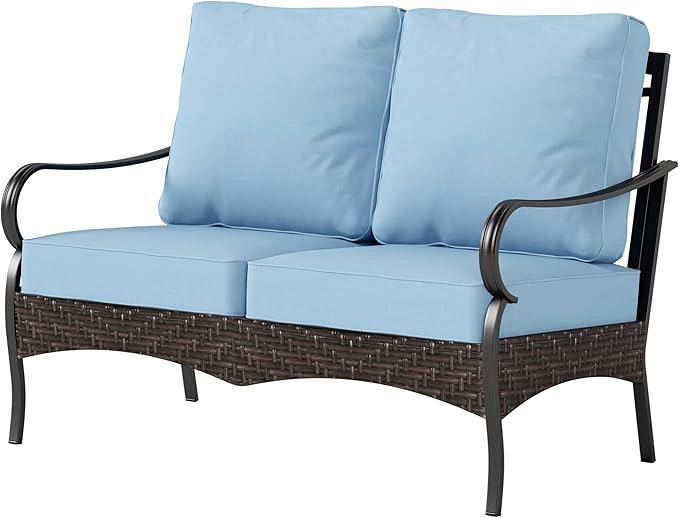PHI VILLA Wicker & Metal Outdoor 2-Seat Patio Couch, Patio Sofa Loveseat with Deep Seating for Front Porch, Deck - Photo 8