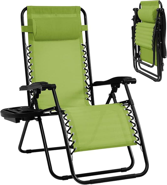 Goplus Zero Gravity Lounge Chairs, 160°Adjustable Folding Recliner w/Pillow and Cup Holder, 350LBS Comfy Outdoor Lounge Chairs for Patio, Lawn, Yard & Camp(1, Green)