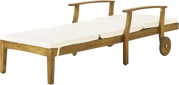 Christopher Knight Home Wesley Outdoor Acacia Wood 3 Piece Chaise Lounge Set, Teak Finish, Cream