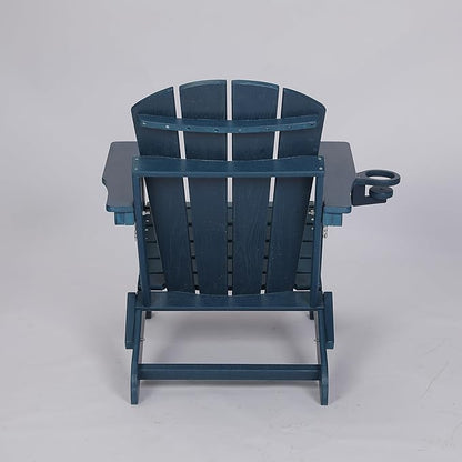 Folding Outdoor Adirondack Chair in Navy Blue - Composite with Wood Texture and Dual Cup Holders