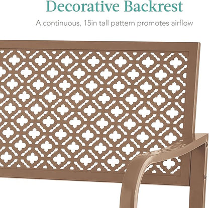 Best Choice Products Outdoor Bench 2-Person Metal Steel Benches Furniture for Garden, Patio, Porch, Entryway w/Geometric Backrest, 790lb Capacity - Taupe