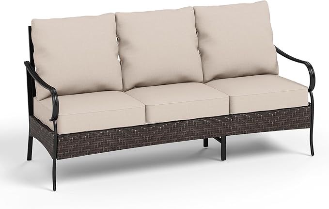PHI VILLA Wicker & Metal Outdoor Patio Couch, 3-Seat Patio Sofa with Deep Seating for Front Porch, Deck, Balcony - Photo 4
