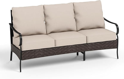 PHI VILLA Wicker & Metal Outdoor Patio Couch,3-Seat Patio Sofa with Deep Seating for Front Porch, Deck, Balcony, Backyard, Sunroom