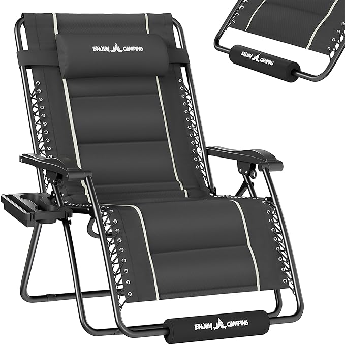 UDPATIO Zero Gravity Chair Oversized Outdoor Anti Gravity Chairs Patio Lounge Folding Adjustable Chair with Cup Holder, Foot Pad & Padded Headrest, Supports 500lbs (1, Grey, 33in)
