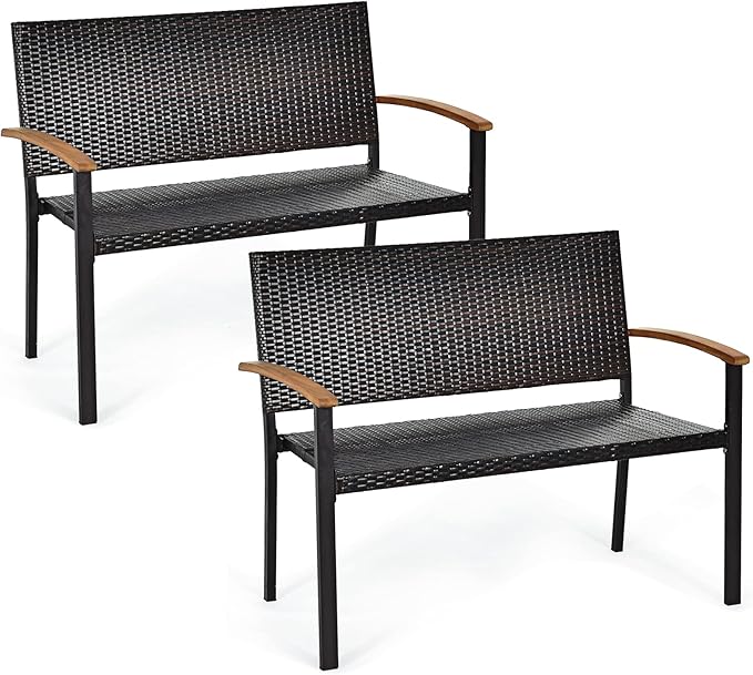 Tangkula 2 Pieces Patio Wicker Bench, All Weather Rattan Bench w/Acacia Wood Armrest, Outdoor Loveseat Chair, Lightweight Patio Stackable Dining Bench for Front Porch, Backyard, Garden, Pool, Deck