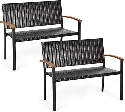 Tangkula 2 Pieces Patio Wicker Bench, All Weather Rattan Bench w/Acacia Wood Armrest, Outdoor Loveseat Chair, Lightweight Patio Stackable Dining Bench for Front Porch, Backyard, Garden, Pool, Deck