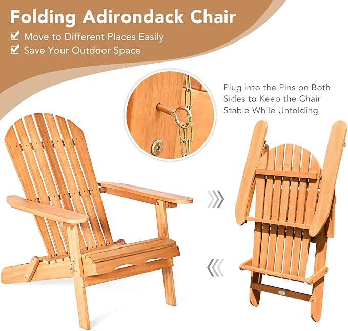 HAPPYGRILL Eucalyptus Wood Adirondack Chair Outdoor Folding Lounger Chair for Porch Deck Patio Poolside and Backyard