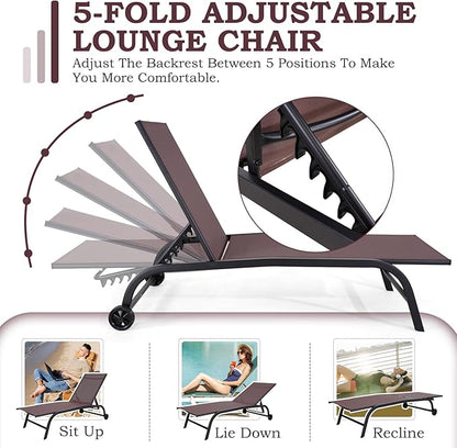 EROMMY Patio Chaise Lounge Chair Set of 2 with Wheels, Oversized 26" W Outdoor Lounge Chairs with Adjustable Backrest, Waterproof Poolside Lounge Chairs