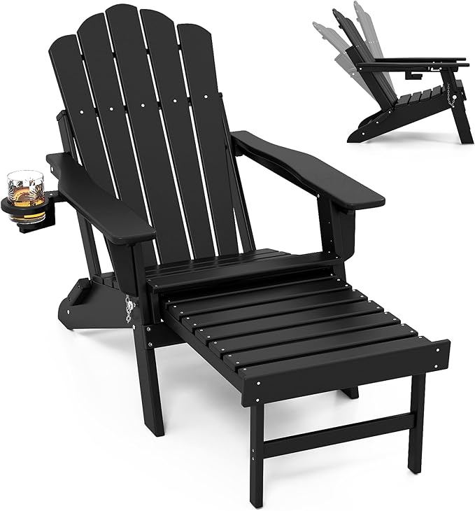 FOOWIN Adjustable Adirondack Chair with Retractable Ottoman, Folding Adirondack Chair with Cup Holder, HDPE All-Weather Fire Pit Chair for Patio, Yard, Poolside, Black