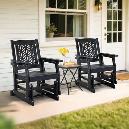 VINGLI Fir Wood Outdoor Glider with Floral Backrest, Wooden Patio Gliding Bench with Cup Holders, Smooth Rocking Chair for Garden, Yard & Porch (Black, 2.3 FT)
