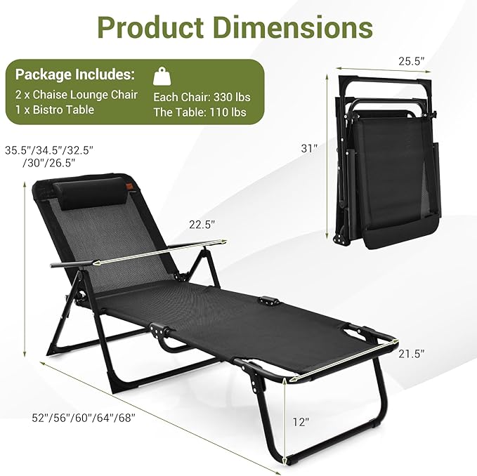 Tangkula 3-Piece Folding Outdoor Chaise Lounge Chair Set, 2 Recliner Chairs & 1 Patio Bistro Table w/Adjustable Backrest - Photo 3
