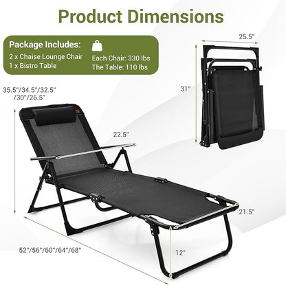 Tangkula 3-Piece Folding Outdoor Chaise Lounge Chair Set, 2 Recliner Chairs & 1 Patio Bistro Table w/Adjustable Backrest, Weatherproof PVC Tabletop, Portable Sunbathing Chairs for Beach Yard Poolside