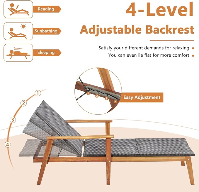 HAPPYGRILL 2PCS Patio Chaise Lounge Chair, Outdoor Rattan Recliner with 4-Level Adjustable Backrest, Solid Acacia Wood Frame, Ergonomic Lounge Chair for Backyard Poolside Balcony