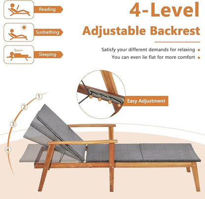 HAPPYGRILL 2PCS Patio Chaise Lounge Chair, Outdoor Rattan Recliner with 4-Level Adjustable Backrest, Solid Acacia Wood Frame, Ergonomic Lounge Chair for Backyard Poolside Balcony