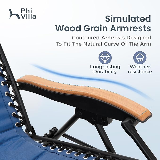 PHI VILLA XXL Oversized Padded Zero Gravity Chair Set of 2, Foldable Patio Recliner, 30" Wide Seat Anti Gravity Lounger with Armrest and Cup Holder, Support 400 LBS (Thumb Blue)