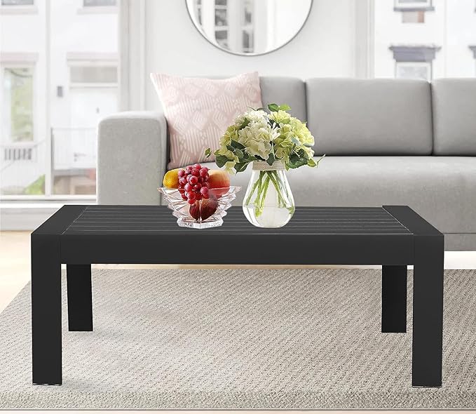 All-Weather Aluminum Outdoor Coffee Table, Modern Rectangle Patio Coffee Table for Balcony Garden, Black