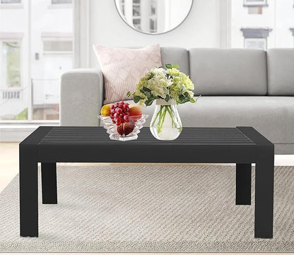 All-Weather Aluminum Outdoor Coffee Table, Modern Rectangle Patio Coffee Table for Balcony Garden, Black