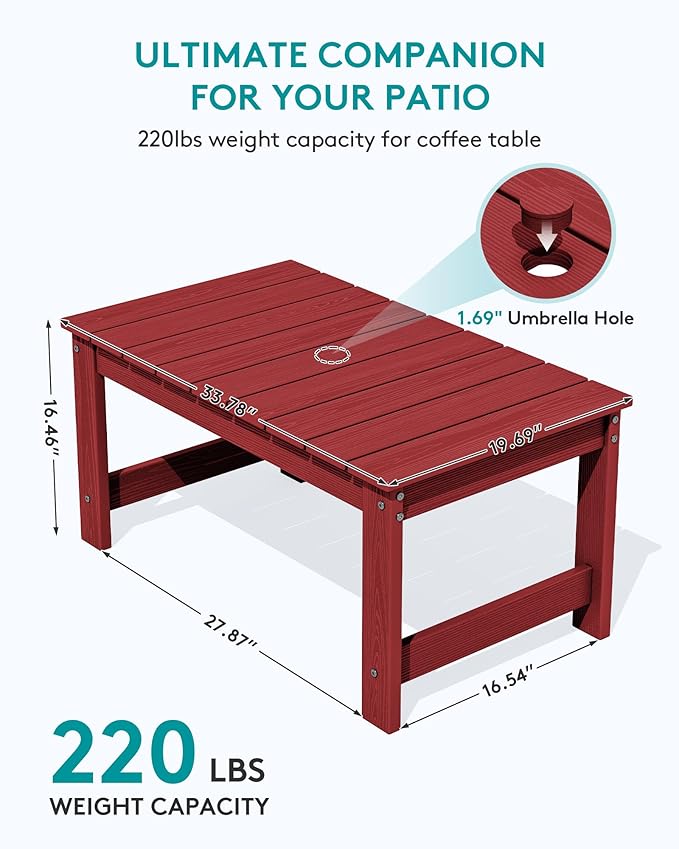SERWALL Outdoor Coffee Table with 1.69" Umbrella Hole, HDPE Patio Coffee Table for Outside, Rectangle, Red - Photo 3