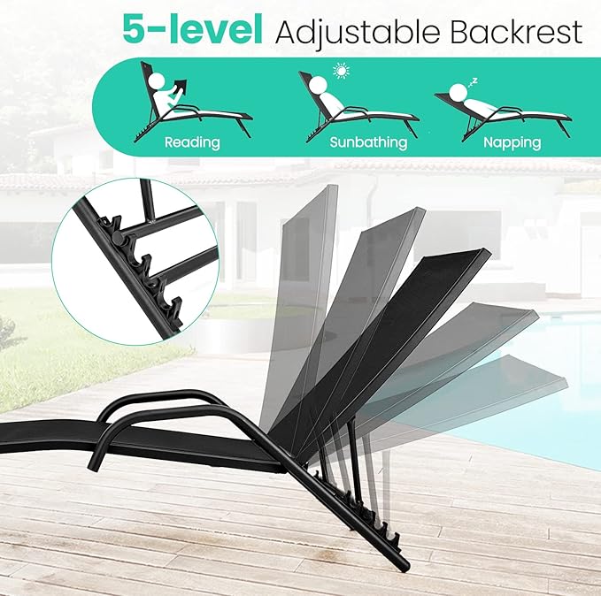 Giantex Lounge Chairs for Outside - Set of 2 Outdoor Chaise Lounge with 5 Adjustable Position, Steel Frame - Photo 5
