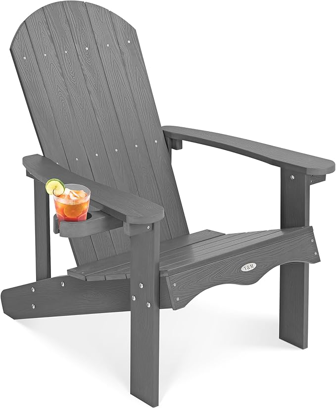 Y&M Adirondack Chair, Dark Grey Fire Pit Chairs, Outdoor Patio Chairs with Cup Holder, Weather Resistant HDPE Wooden Textured Patio Chairs, Perfect for Garden, Lawn, Deck, or Poolside