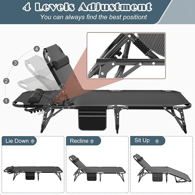 DoCred Heavy Duty Chaise Lounge Chair, Adjustable 5-Position Folding Chaise Lounge Chairs for Outside, Portable Lay Flat Beach Lounge Chair for Outdoor Sunbathing Beach Pool Lawn Camping