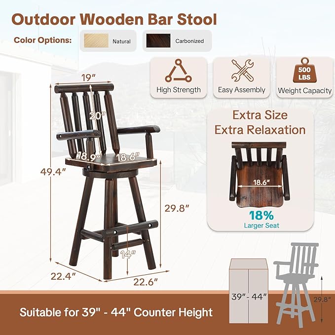 HOMEDIARY Outdoor Solid Wood Swivel Bar Stool, Oversized Patio Log Bar Height Chair with High Back - Photo 2