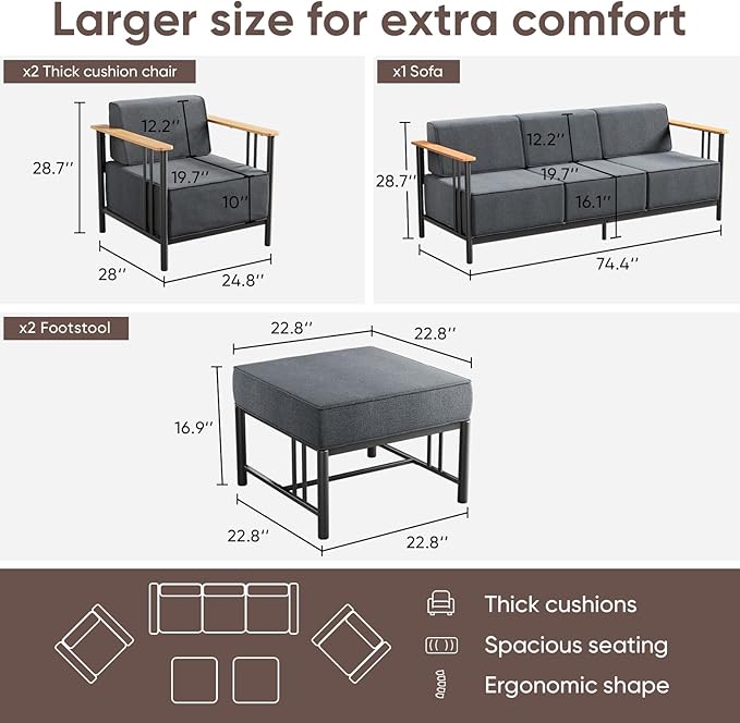 10-inch Thick Cushion Outdoor Furniture Set of 5, Patio Chair Set with Sofa,Wood Grain armrests, trapezoidal backrest - Photo 2