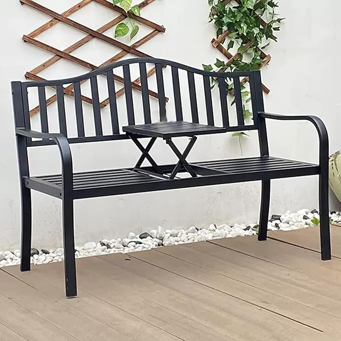 Weatherproof Outdoor Bench, Patio Metal Garden Bench with Built in Table for Yard Lawn Decor Deck(Black)