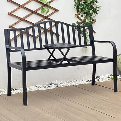 Weatherproof Outdoor Bench, Patio Metal Garden Bench with Built in Table for Yard Lawn Decor Deck(Black)