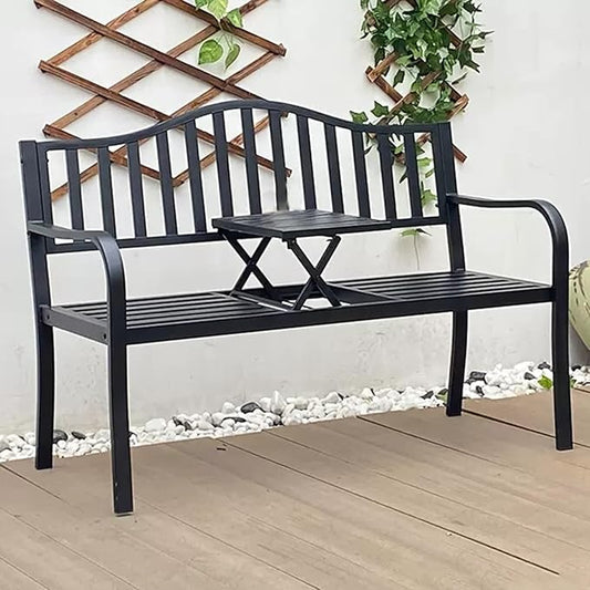 Weatherproof Outdoor Bench, Patio Metal Garden Bench with Built in Table for Yard Lawn Decor Deck(Black)