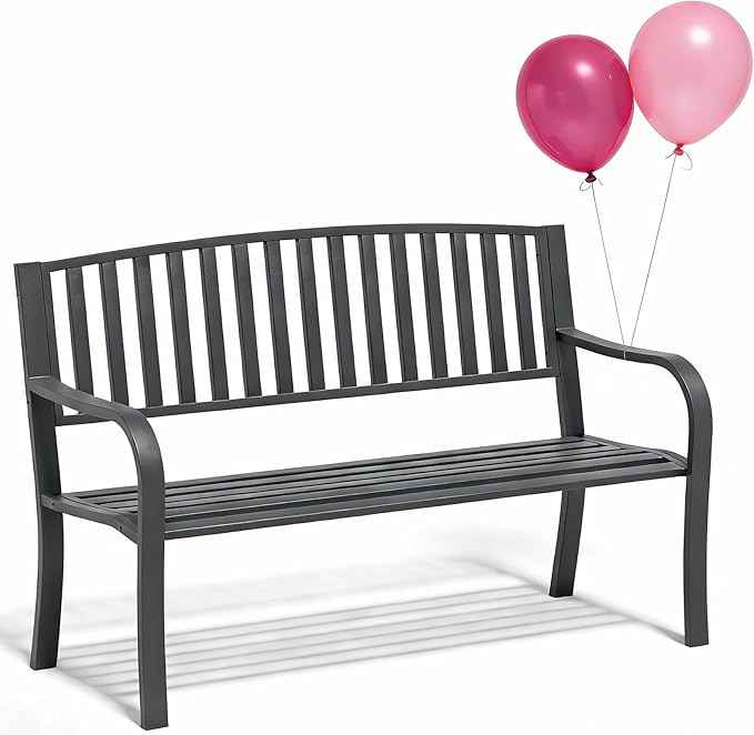 YLGJ&TIDY 50 Inches Garden Benches for Outdoor Patio Bench with Stripe Pattern Backrest Armrest Weatherproof Park Benches Metal Bench for Garden Park Porch Lawn Yard (BENCH08)