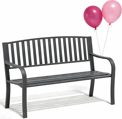 YLGJ&TIDY 50 Inches Garden Benches for Outdoor Patio Bench with Stripe Pattern Backrest Armrest Weatherproof Park Benches Metal Bench for Garden Park Porch Lawn Yard (BENCH08)